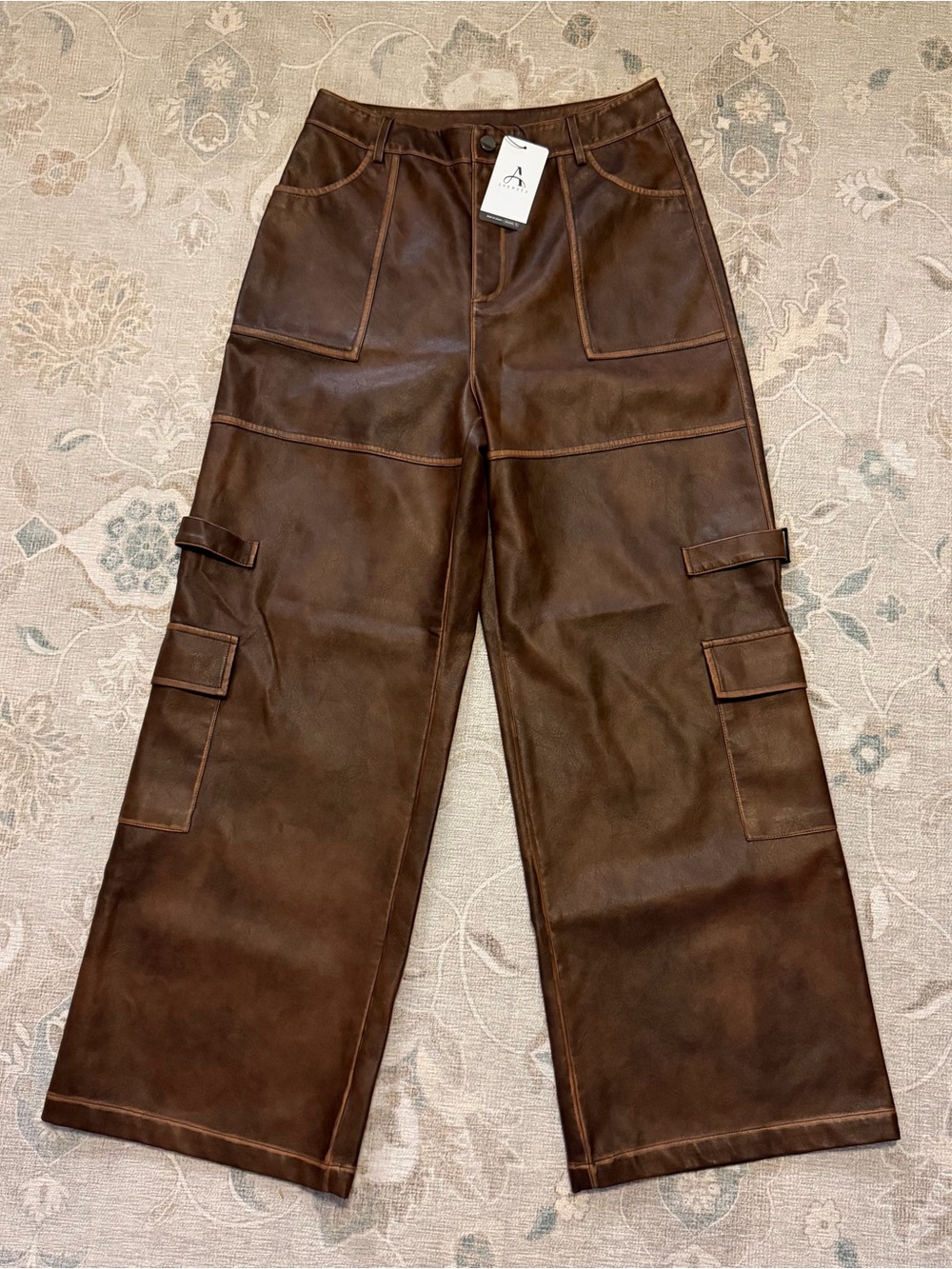Anewsta "Vintage" Style Maillard Women's Distressed PU Cargo Pants Large NWT
